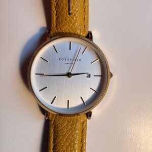 Rosefield Minimalist Silver Dial Watch with Mustard Leather Strap
